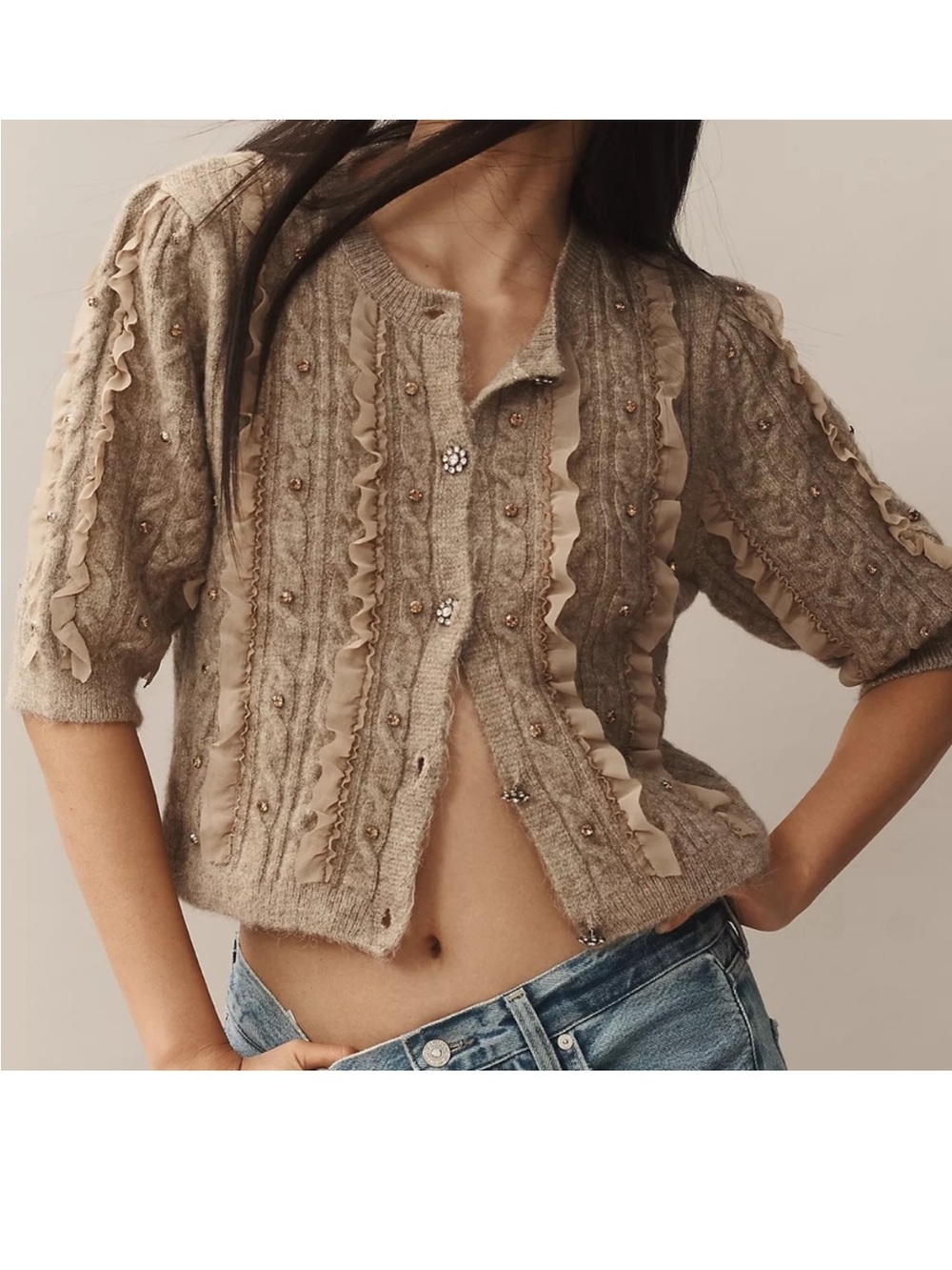 Maeve x Anthropologie Short-Sleeve Embellished Ruffle Cardigan Sweater